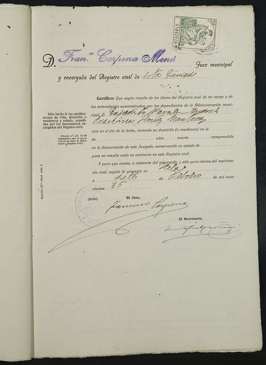 Expediente nº 38 para la inscripción de matrimonio civil en el Registro Civil de Yecla entre Expedito Navalón Andrés y Francisca Ibáñez Martínez.