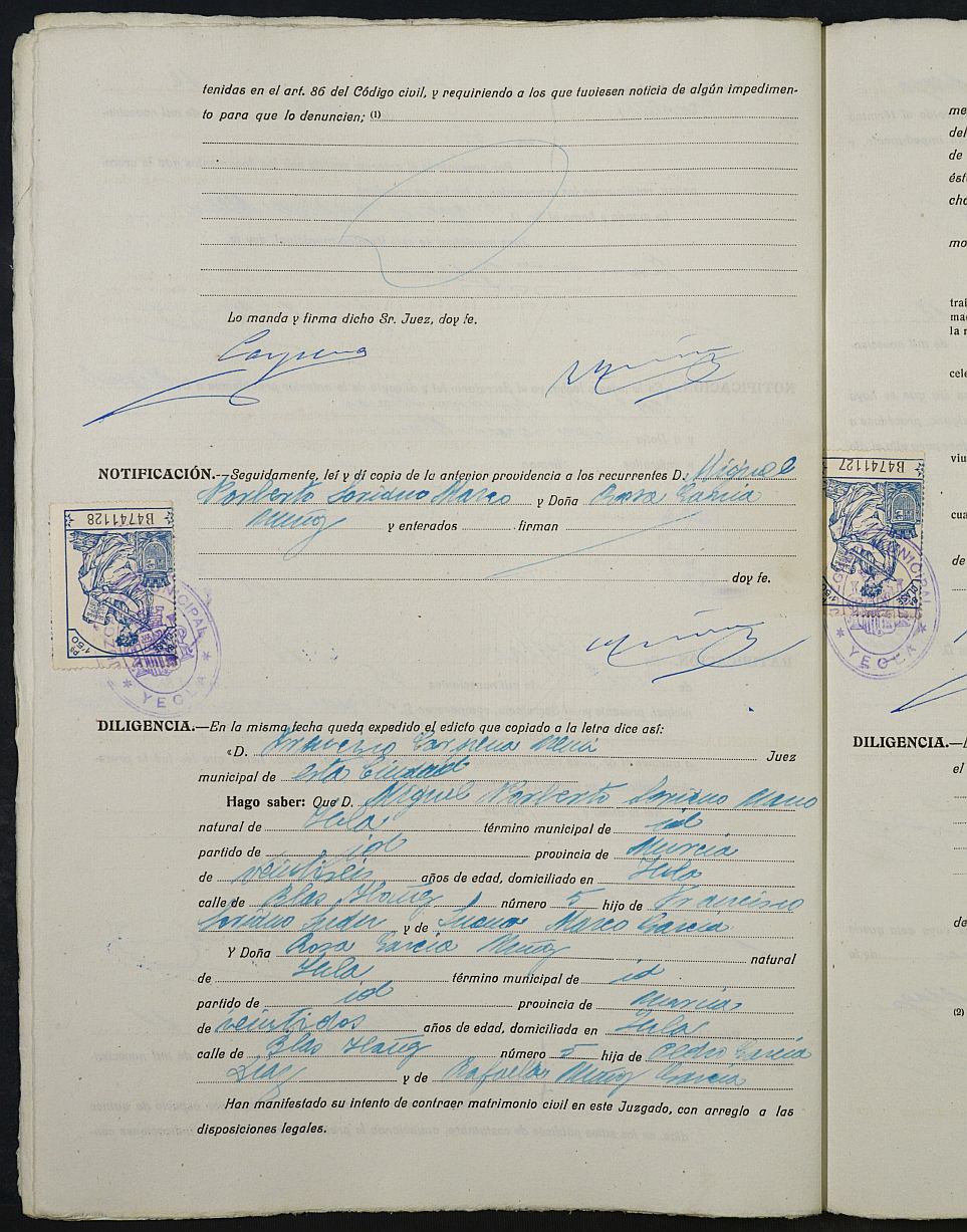 Expediente nº 58 para la inscripción de matrimonio civil en el Registro Civil de Yecla entre Miguel Norberto Soriano Marco y Rosa García Muñoz.