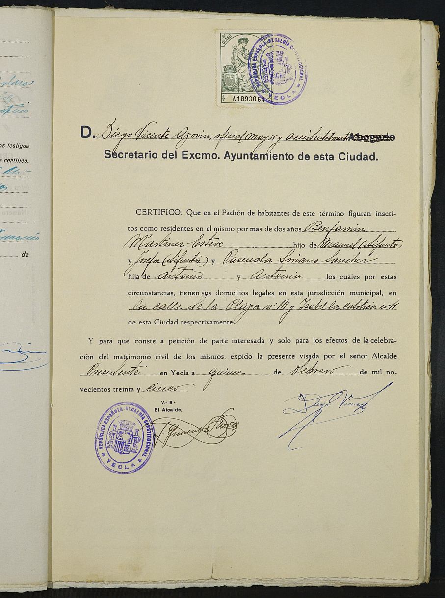 Expediente nº 62 para la inscripción de matrimonio civil en el Registro Civil de Yecla entre Benjamín Martínez Esteve y Pascuala Luisa Soriano Sánchez.