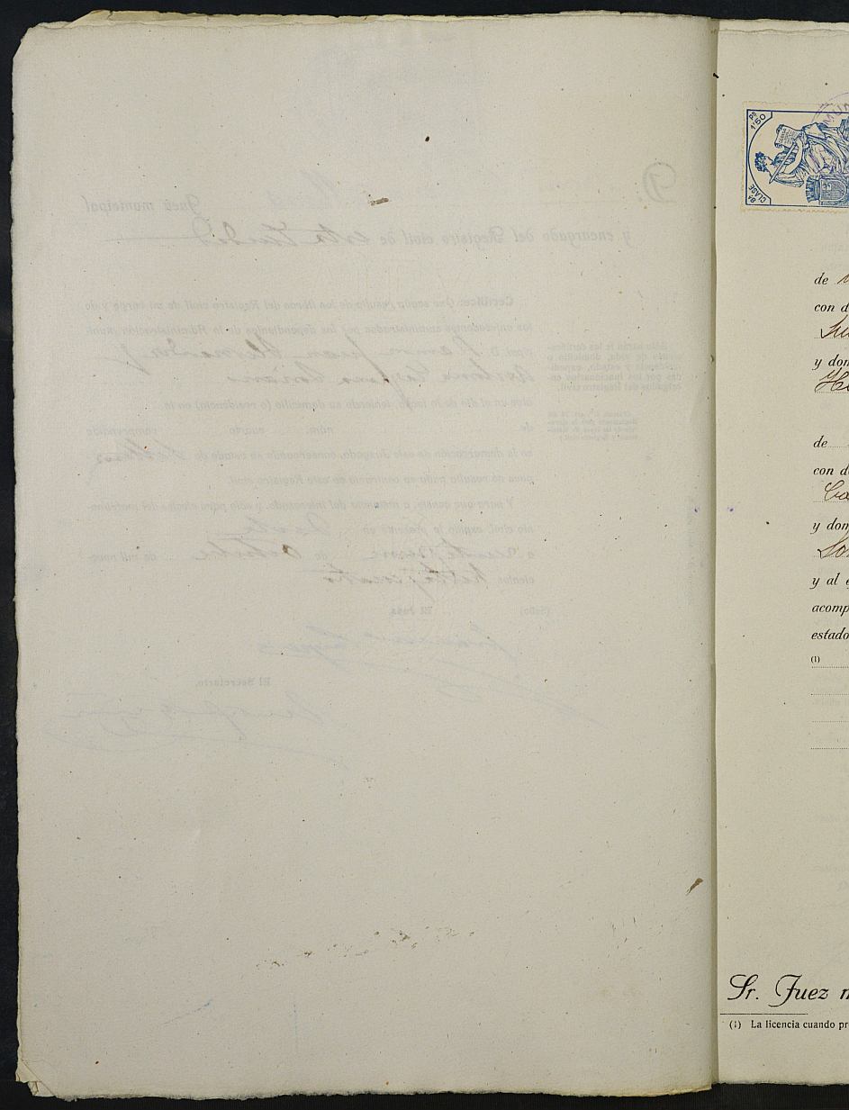 Expediente nº 63 para la inscripción de matrimonio civil en el Registro Civil de Yecla entre Ramón Juan Hernández y Antonia Carpena Soriano.