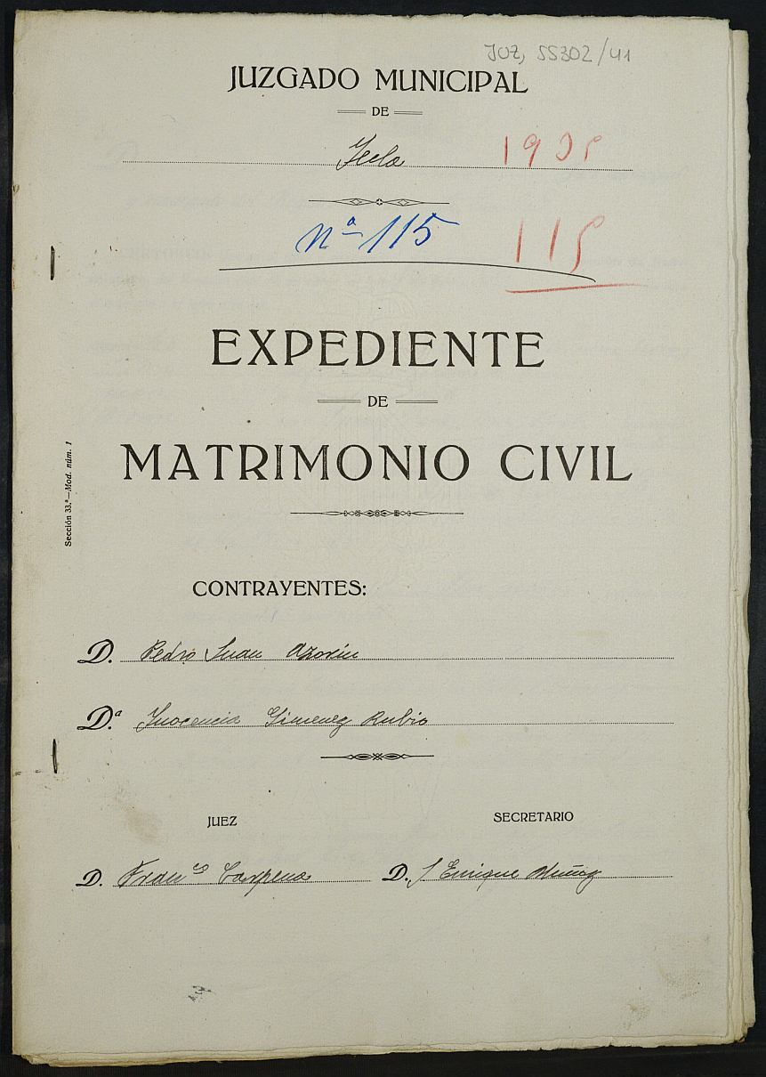 Expediente nº 115 para la inscripción de matrimonio civil en el Registro Civil de Yecla entre Pedro Juan Azorín e Inocencia Giménez Rubio.