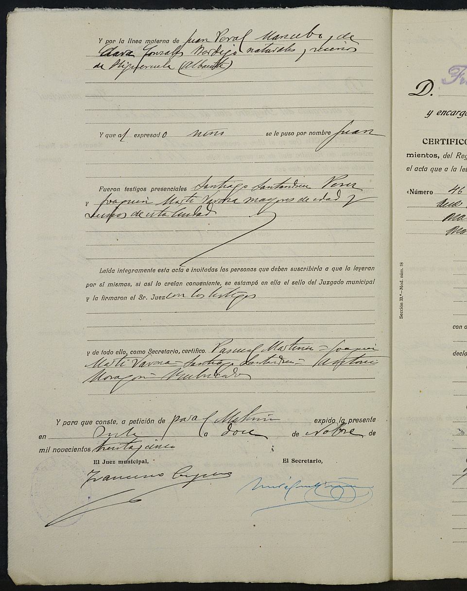 Expediente nº 120 para la inscripción de matrimonio civil en el Registro Civil de Yecla entre Juan Martínez Peral y Ana María Marco Morales.