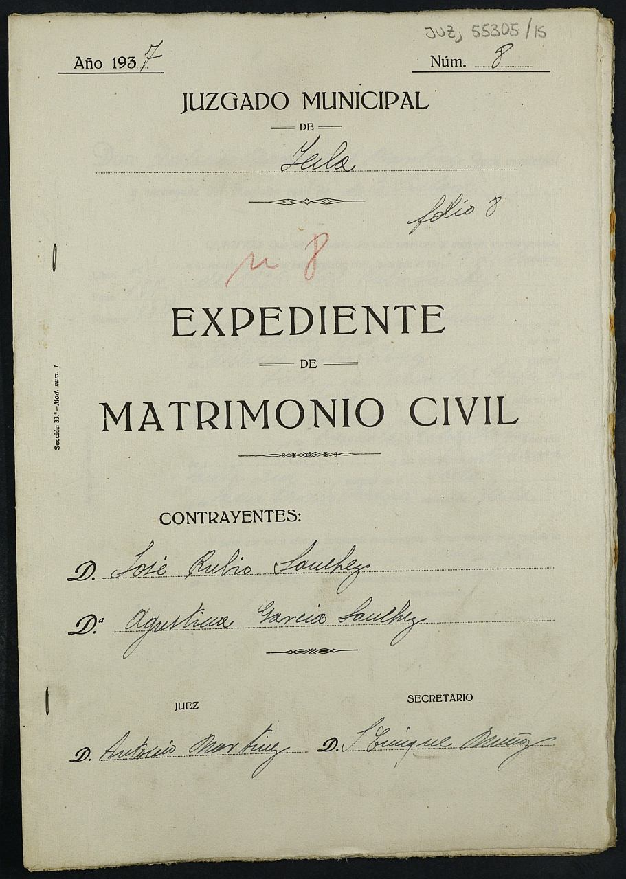 Expediente nº 8 para la inscripción de matrimonio civil en el Registro Civil de Yecla entre José Rubio Sánchez y Agustina García Sánchez.