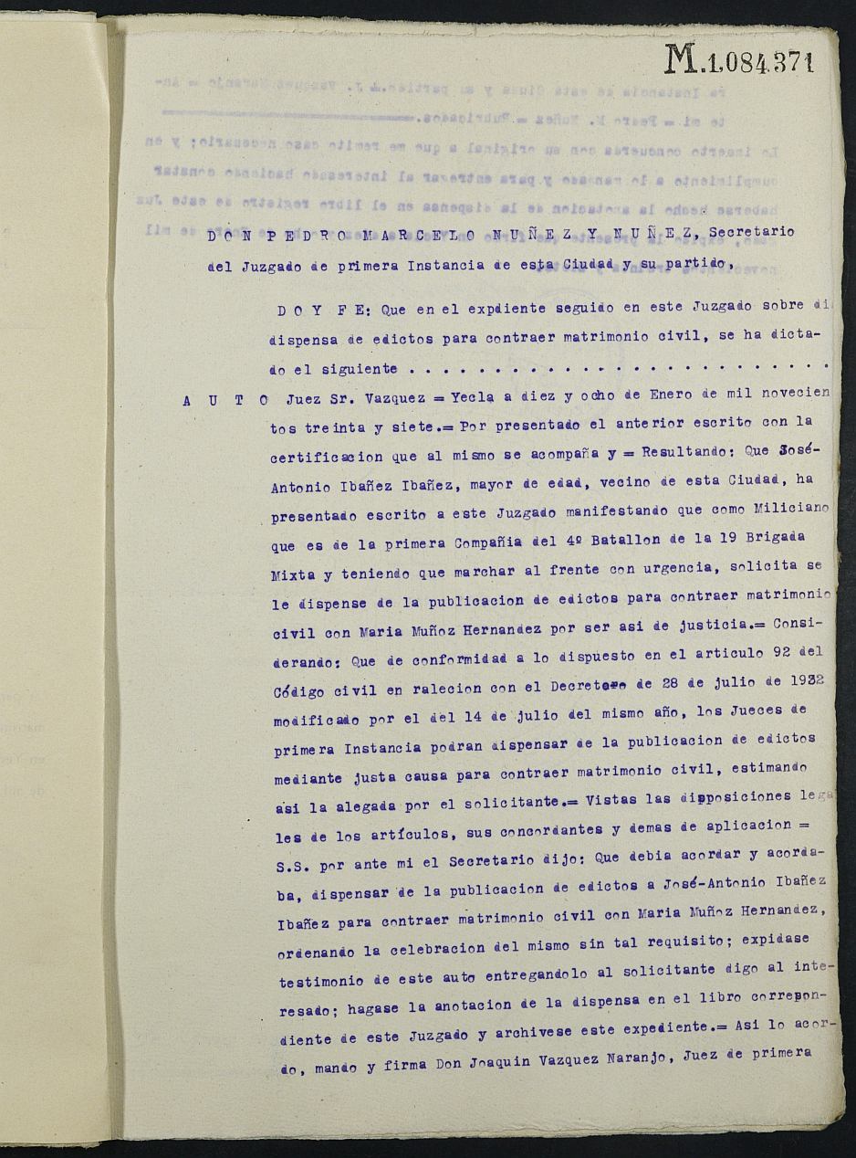 Expediente nº 19 para la inscripción de matrimonio civil en el Registro Civil de Yecla entre José Antonio Ibáñez Ibáñez y María Muñoz Hernández.