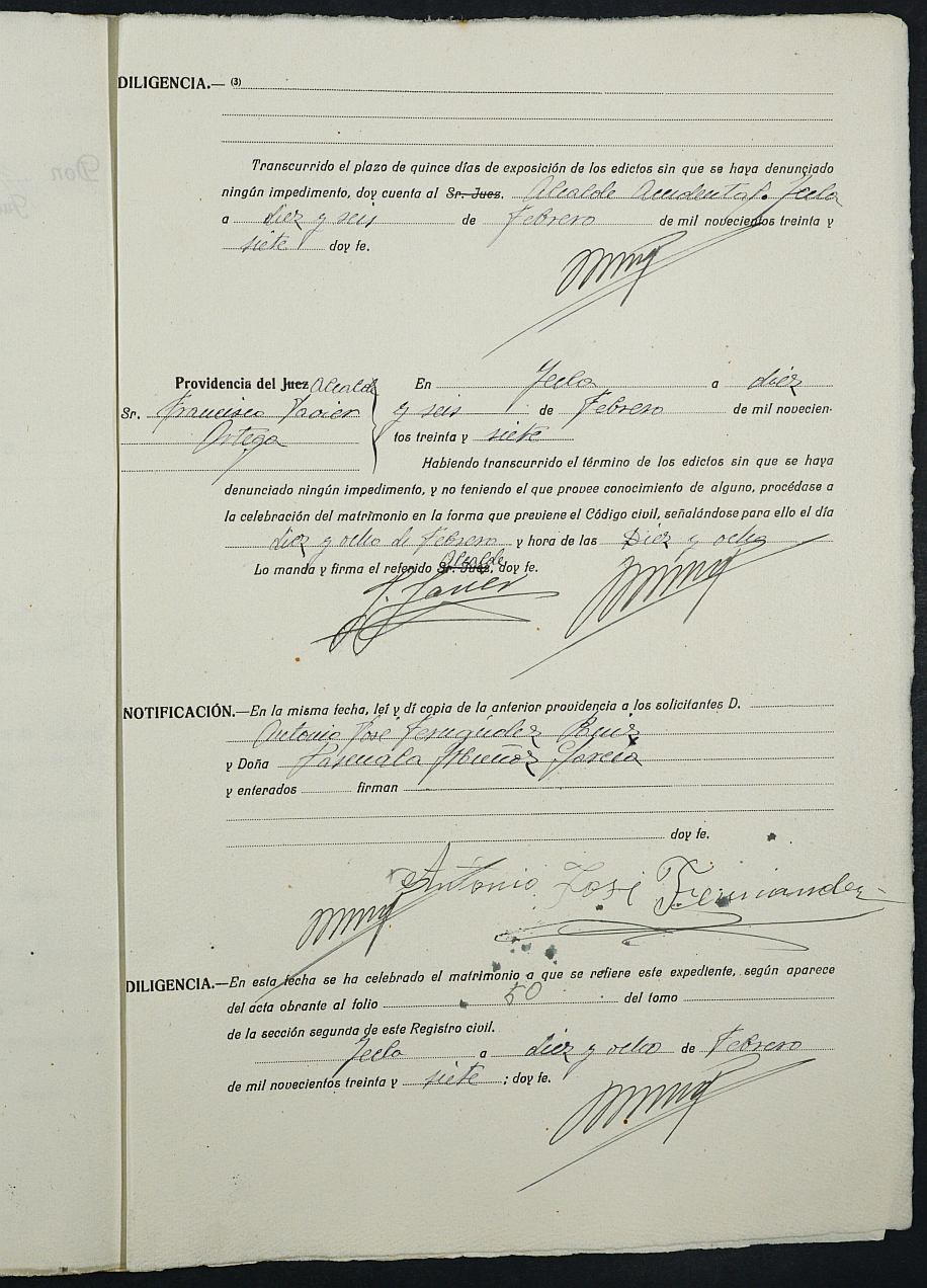 Expediente nº 50 para la inscripción de matrimonio civil en el Registro Civil de Yecla entre Antonio José Fernández Ruiz y Pascuala Muñoz García.