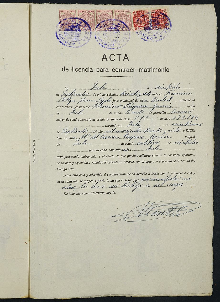 Expediente nº 69 para la inscripción de matrimonio civil en el Registro Civil de Yecla entre Antonio Ibáñez Gisbert y María del Carmen Carpena Azorín.
