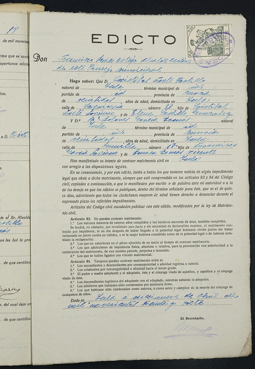 Expediente nº 134 para la inscripción de matrimonio civil en el Registro Civil de Yecla entre Cristóbal Forte Castillo y María Dolores García Tomás.