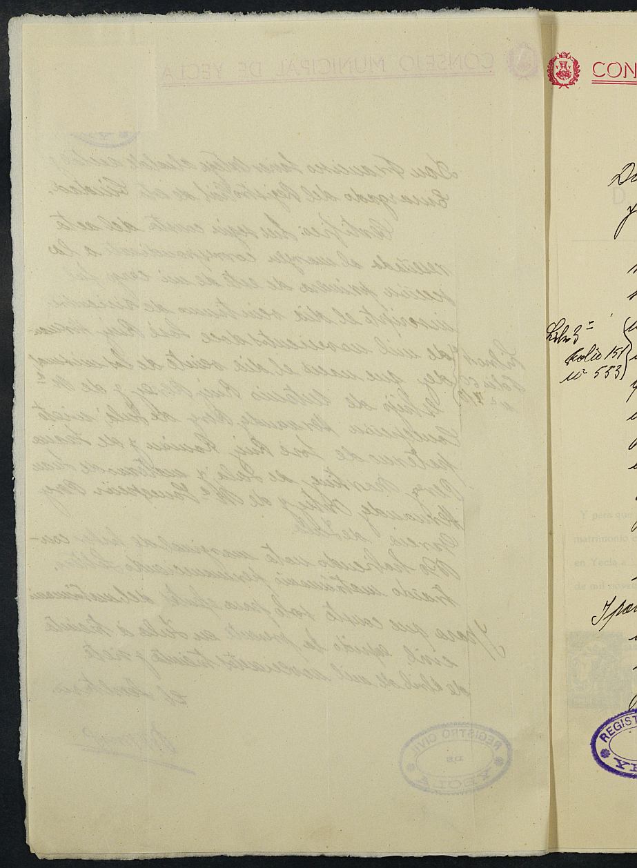 Expediente nº 143 para la inscripción de matrimonio civil en el Registro Civil de Yecla entre José Ruiz Hernández y Presentación Gómez Polo.