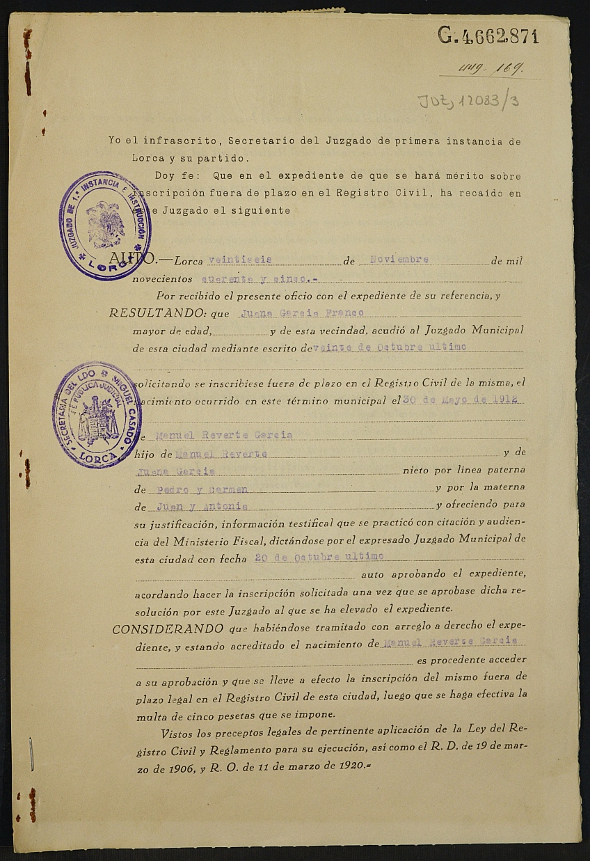 Expediente nº 393/1945 para la inscripción de nacimiento fuera de plazo en el registro civil de Lorca de Manuel Reverte García.