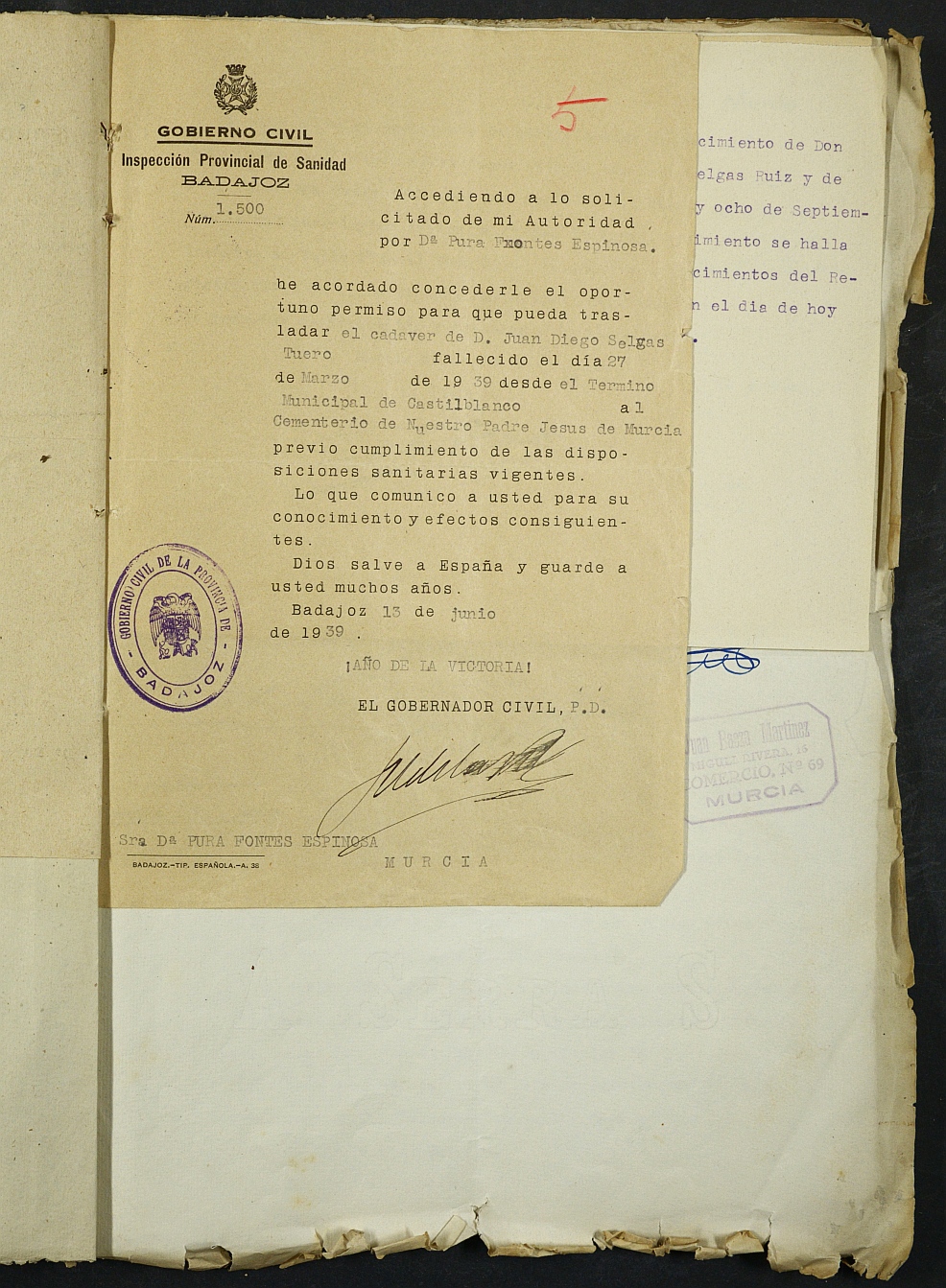 Expediente nº 1/1939 del Juzgado de Primera Instancia de Murcia para la inscripción en el Registro Civil el fallecimiento por asesinato de Juan Diego Selgas Tuero.