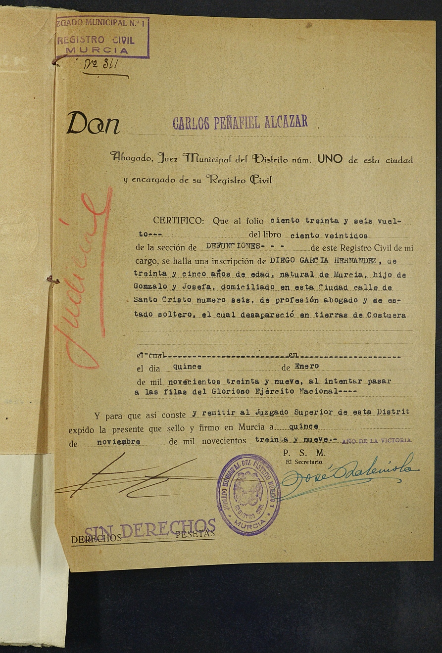 Expediente nº 6/1939 del Juzgado de Primera Instancia de Murcia para la inscripción en el Registro Civil por la desaparición en el frente de Diego García Hernández.