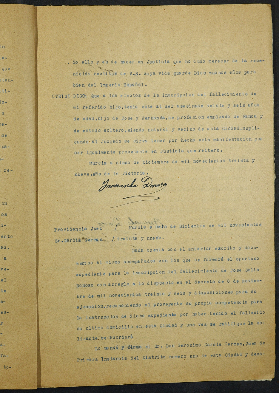 Expediente nº 23/1939 del Juzgado de Primera Instancia de Murcia para la inscripción en el Registro Civil por la defunción en el frente de José Solís Donoso.