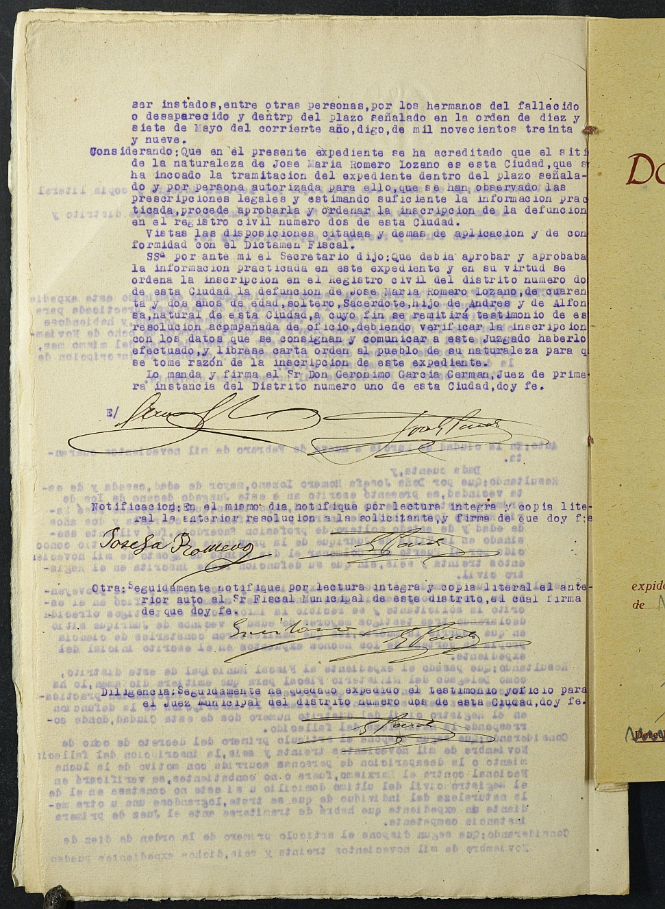 Expediente nº 24/1939 del Juzgado de Primera Instancia de Murcia para la inscripción en el Registro Civil por la defunción en el frente de José María Romano Lozano.