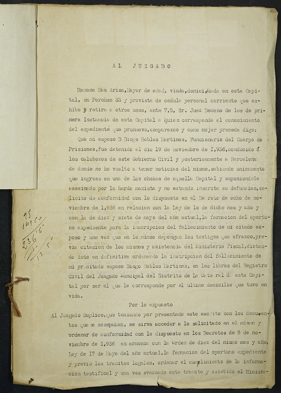 Expediente nº 25/1939 del Juzgado de Primera Instancia de Murcia para la inscripción en el Registro Civil por la desaparición en el frente de Diego Robles Martínez.