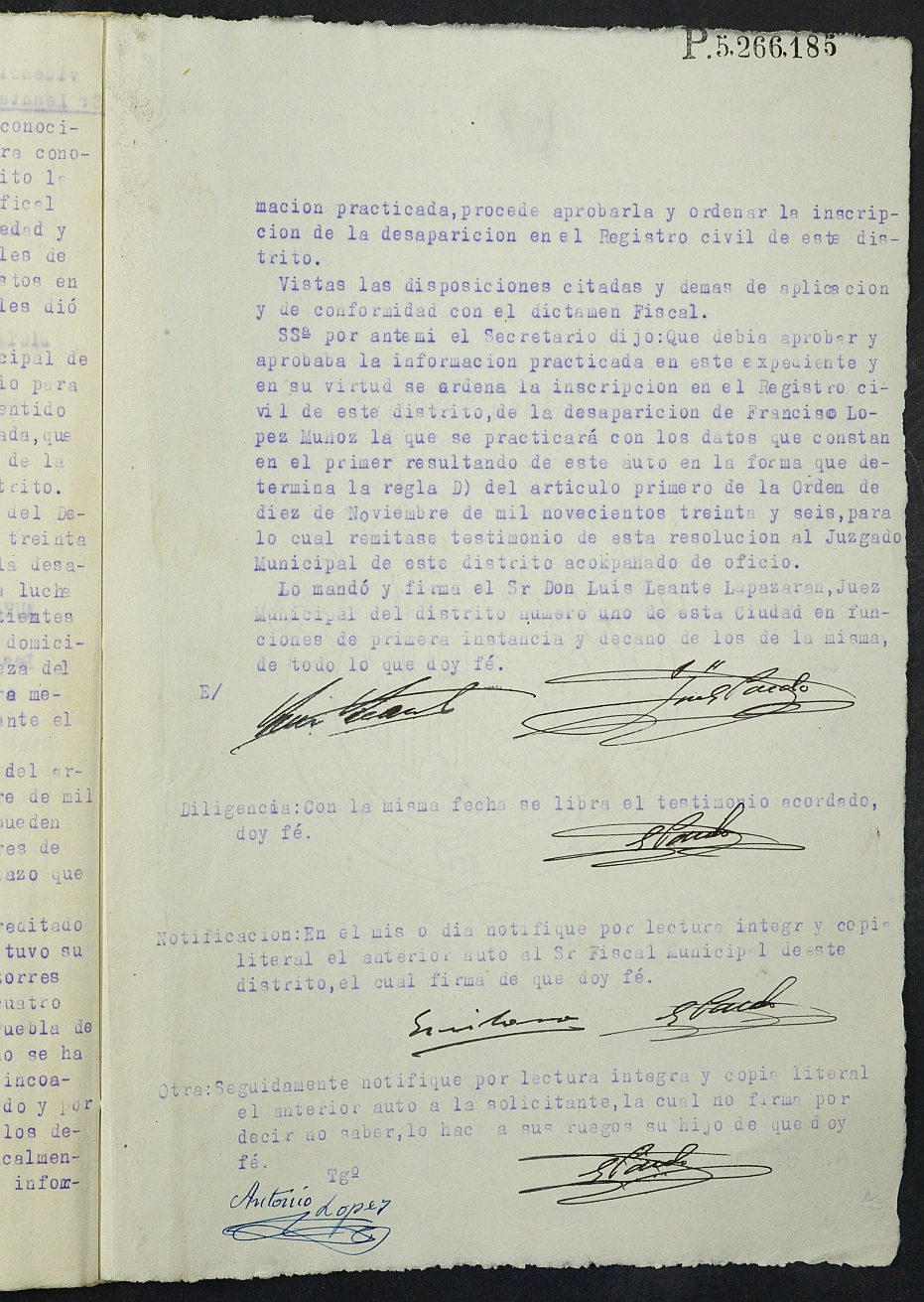 Expediente nº 51/1940 del Juzgado de Primera Instancia de Murcia para la inscripción en el Registro Civil por la desaparición en el frente de Francisco López Muñoz.