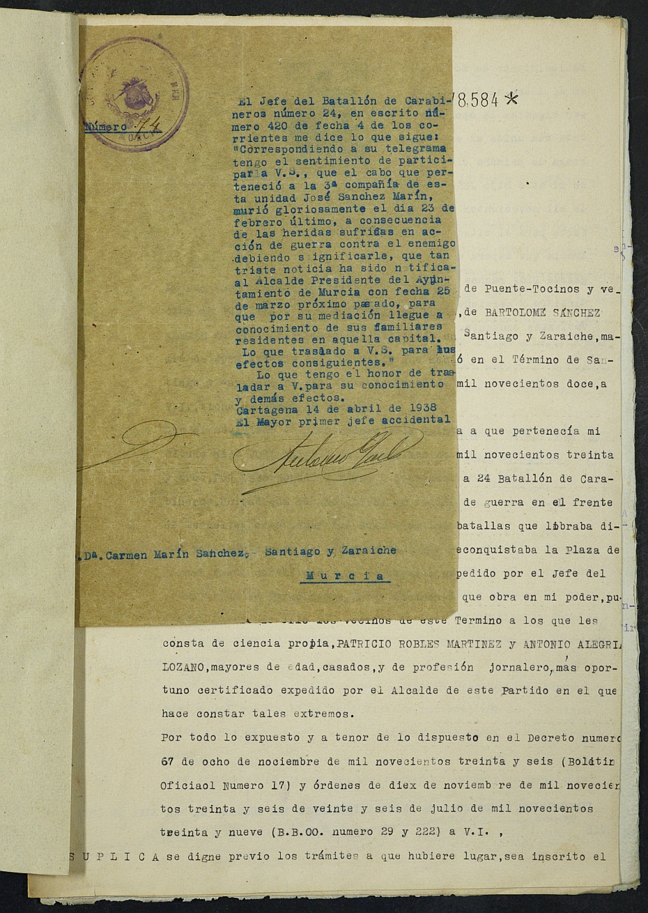 Expediente nº 58/1940 del Juzgado de Primera Instancia de Murcia para la inscripción en el Registro Civil por la defunción en el frente de José Antonio Sánchez Marín.