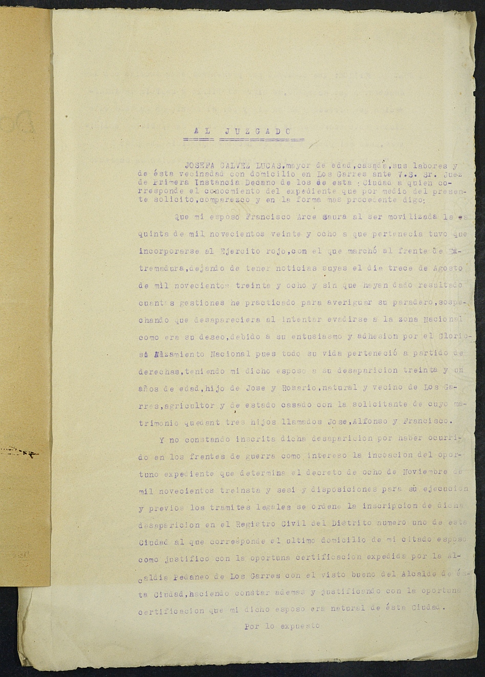 Expediente nº 59/1940 del Juzgado de Primera Instancia de Murcia para la inscripción en el Registro Civil por la desaparición en el frente de Francisco Arce Saura.