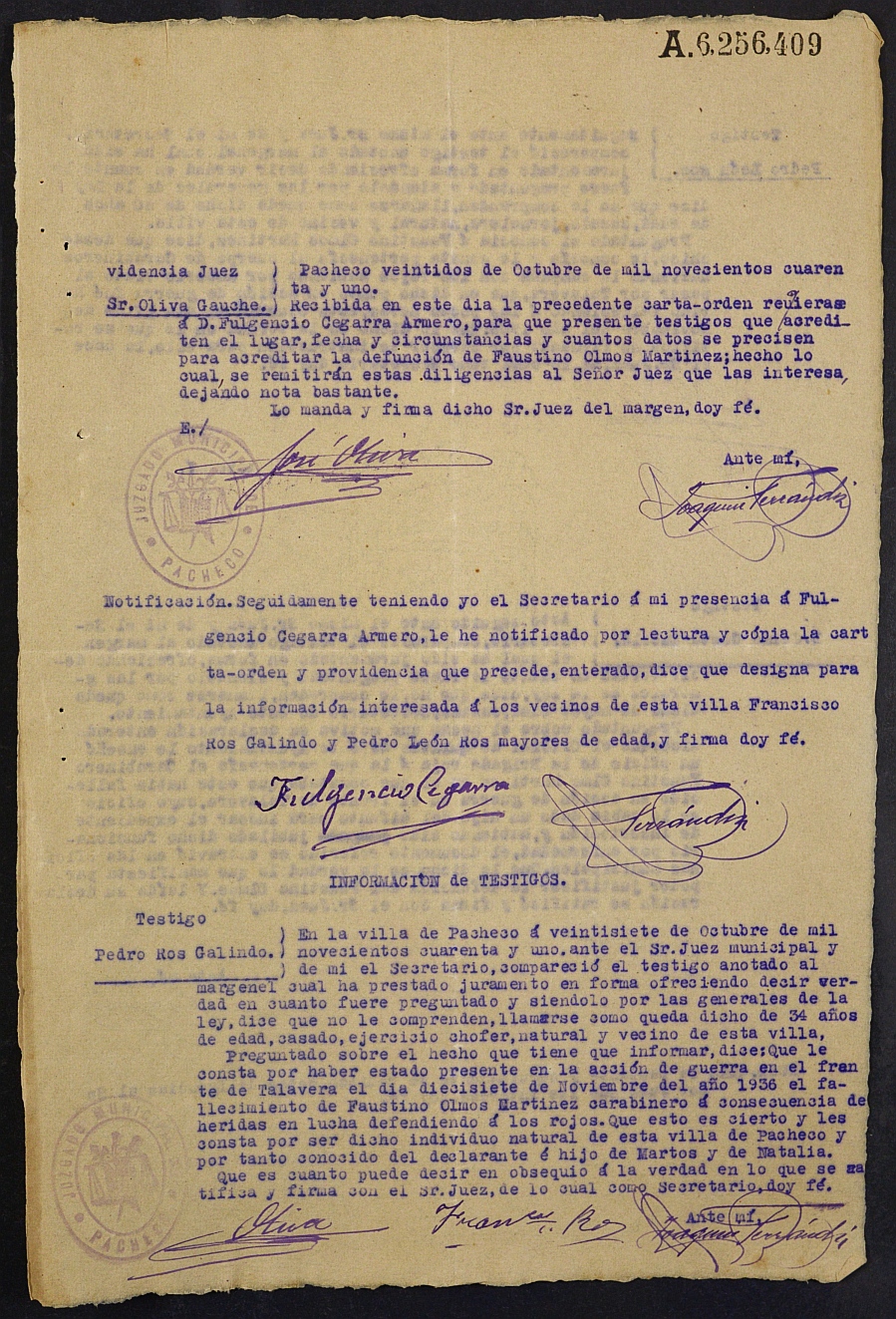 Expediente nº 189/1941 del Juzgado de Primera Instancia de Murcia para la inscripción en el Registro Civil de la desaparición en el frente de Faustino Olmos Martínez.