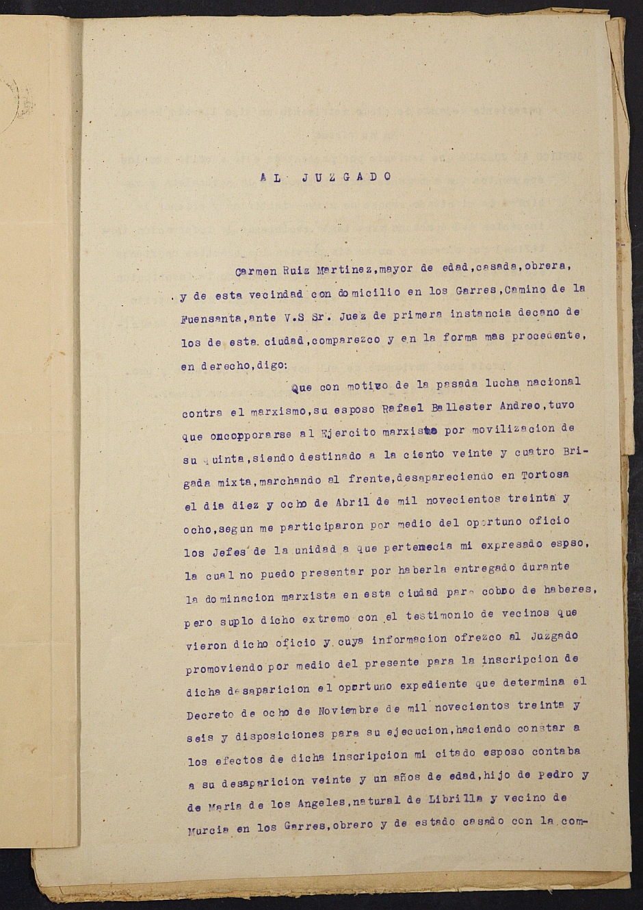 Expediente nº 197/1941 del Juzgado de Primera Instancia de Murcia para la inscripción en el Registro Civil por el fallecimiento en el frente de Rafael Ballester Andreo.