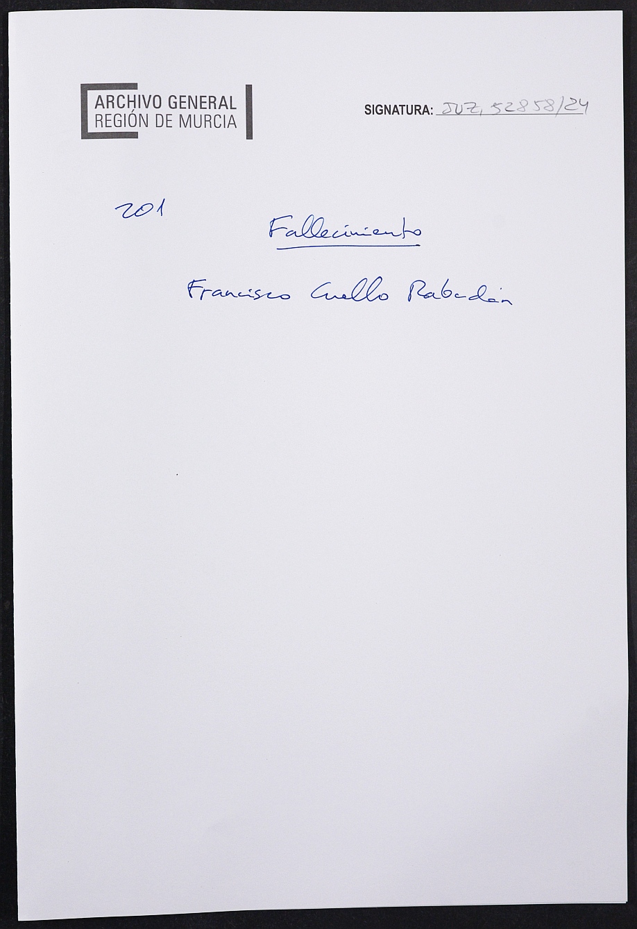 Expediente nº 201/1941 del Juzgado de Primera Instancia de Murcia para la inscripción en el Registro Civil por el fallecimiento en el frente de Francisco Cuello Rabadán.
