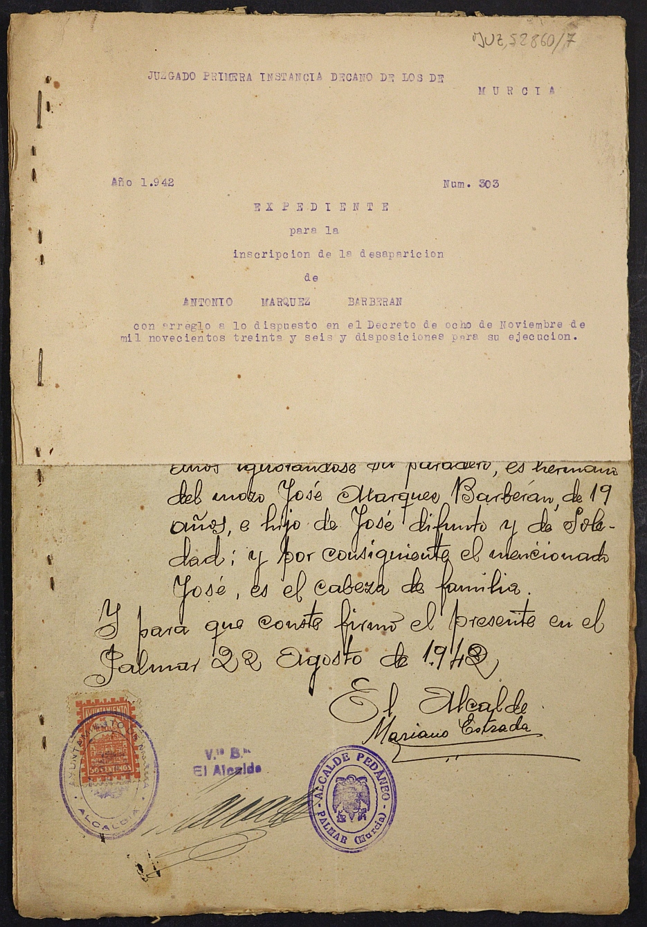 Expediente nº 303/1942 del Juzgado de Primera Instancia de Murcia para la inscripción en el Registro Civil por la desaparición  de Antonio Márquez Barberán