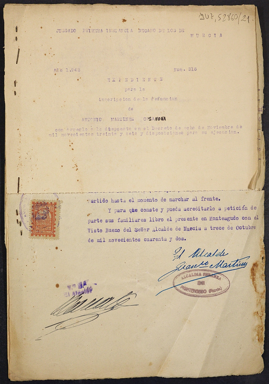 Expediente nº 316/1942 del Juzgado de Primera Instancia de Murcia para la inscripción en el Registro Civil por la defunción de Antonio Martínez Casanova
