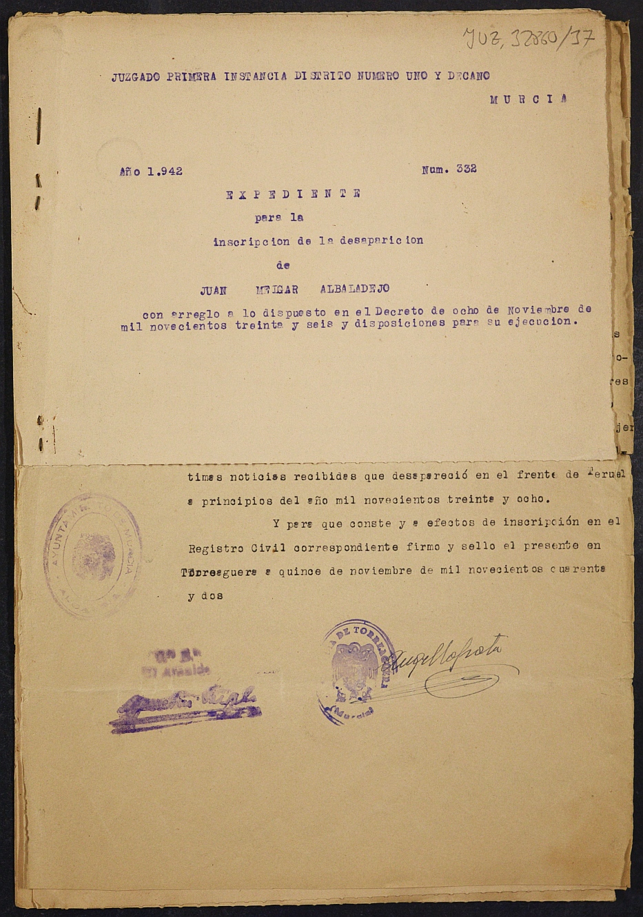 Expediente nº 332/1942 del Juzgado de Primera Instancia de Murcia para la inscripción en el Registro Civil por la desaparición de Juan Melgar Albaladejo.