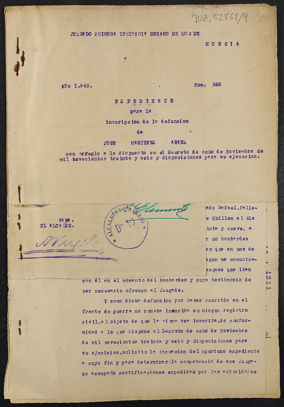 Expediente nº 368/1943 del Juzgado de Primera Instancia de Murcia para la inscripción en el Registro Civil por la defunción de José Martínez Araez