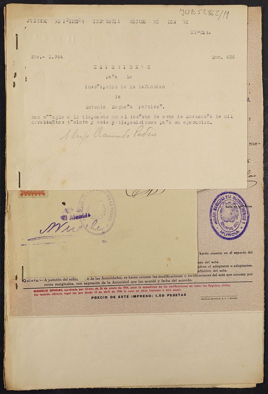 Expediente nº 436/1944 del Juzgado de Primera Instancia de Murcia para la inscripción en el Registro Civil por la defunción de Antonio Noguera Peñalver