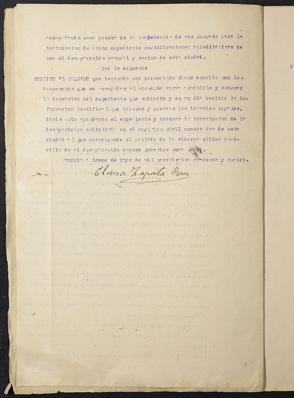 Expediente nº 441/1944 del Juzgado de Primera Instancia de Murcia para la inscripción en el Registro Civil por la desaparición de Federico Vera Sler