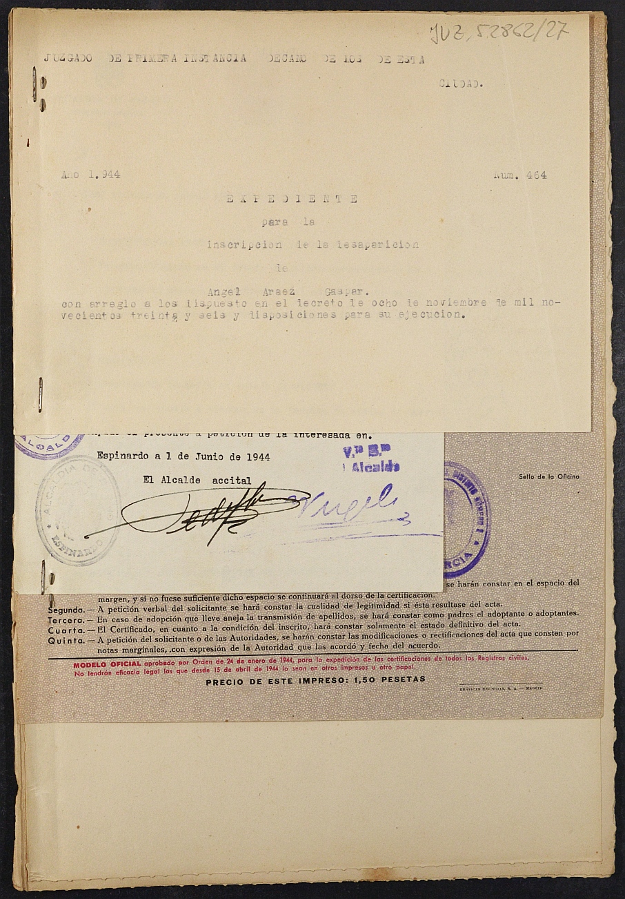 Expediente nº 464/1944 del Juzgado de Primera Instancia de Murcia para la inscripción en el Registro Civil por la desaparición de Angel Araez Gaspar
