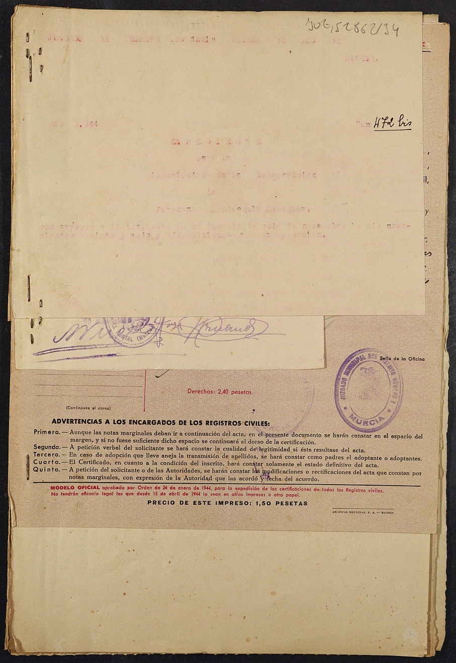 Expediente nº 472 bis/1944 del Juzgado de Primera Instancia de Murcia para la inscripción en el Registro Civil por la desaparición de Jerónimo Monteagudo Meseguer