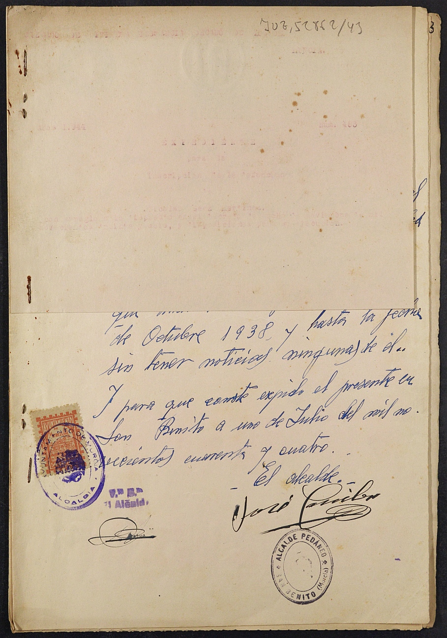 Expediente nº 483/1944 del Juzgado de Primera Instancia de Murcia para la inscripción en el Registro Civil por la defunción de Nicolás Sáez Martínez