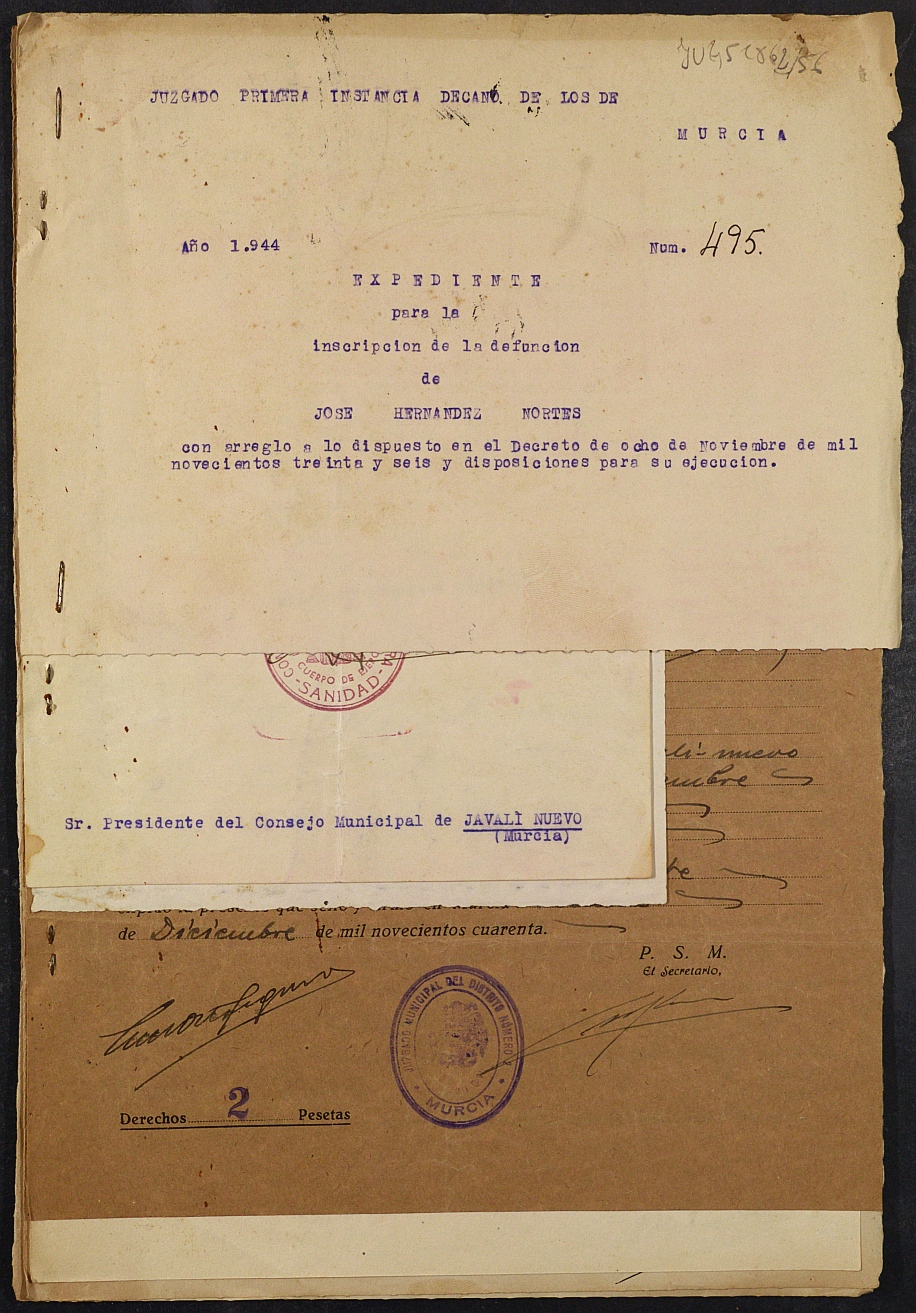 Expediente nº 495/1944 del Juzgado de Primera Instancia de Murcia para la inscripción en el Registro Civil por la defunción de José Hernández Nortes