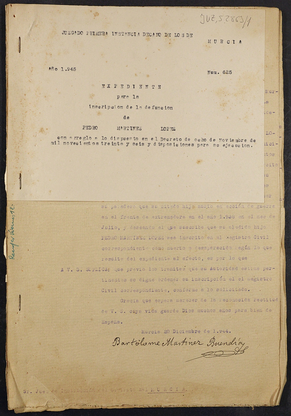 Expediente nº 625/1945 del Juzgado de Primera Instancia de Murcia para la inscripción en el Registro Civil por la defunción de Pedro Martínez López