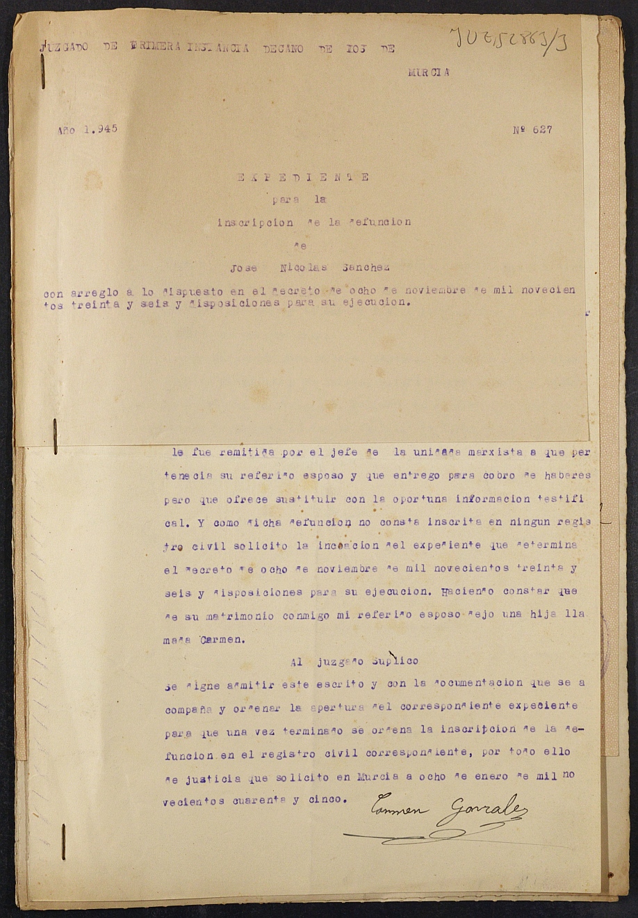 Expediente nº 627/1945 del Juzgado de Primera Instancia de Murcia para la inscripción en el Registro Civil por la defunción de José Nicolás Sánchez