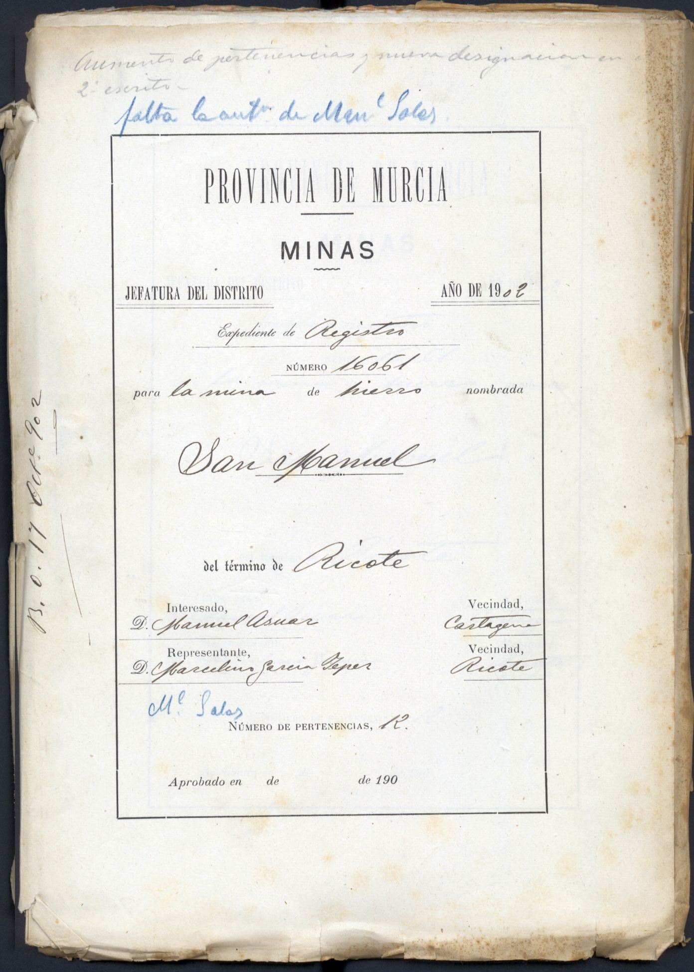 Expediente de mina nº de registro 16061, nombrada San Manuel, del término de Ricote, otorgada a  Manuel Asuar.