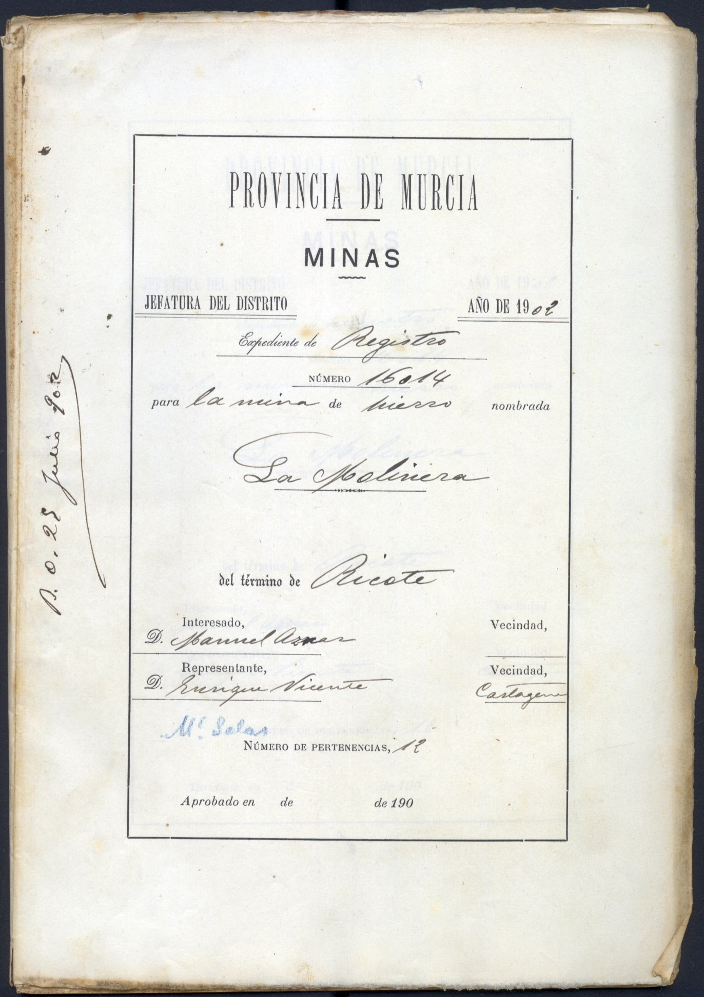 Expediente de mina nº de registro 16014, nombrada La Molinera, del término de Ricote, otorgada a  Manuel Aznar.
