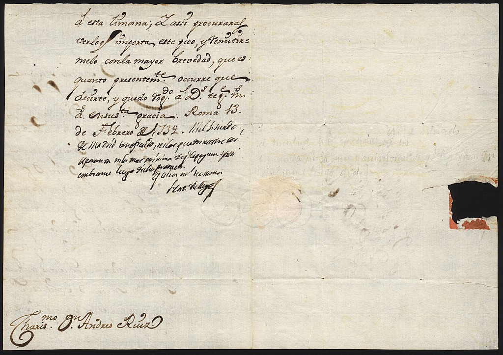 Carta de Luis Belluga a Andrés Ruiz de Almarcha, dando contraorden en su disposición a repartir sus beneficios de la Chantría por necesitar el dinero para desempeñarse, y urgiendo su envío.