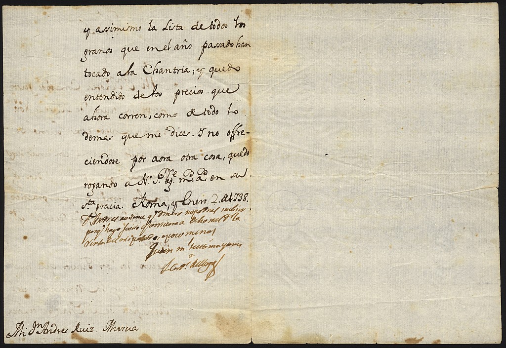 Carta de Luis Belluga a Andrés Ruiz de Almarcha, acusándole recibo de su carta de 27 de noviembre y de los dos títulos enviados, así así como la renuncia de un beneficio en San Mateo de Lorca.