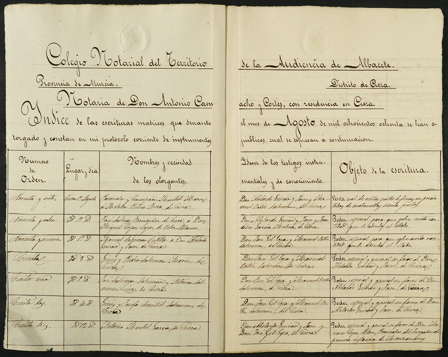 Índices del notario de Cieza Antonio Camacho Cortés del año 1880.