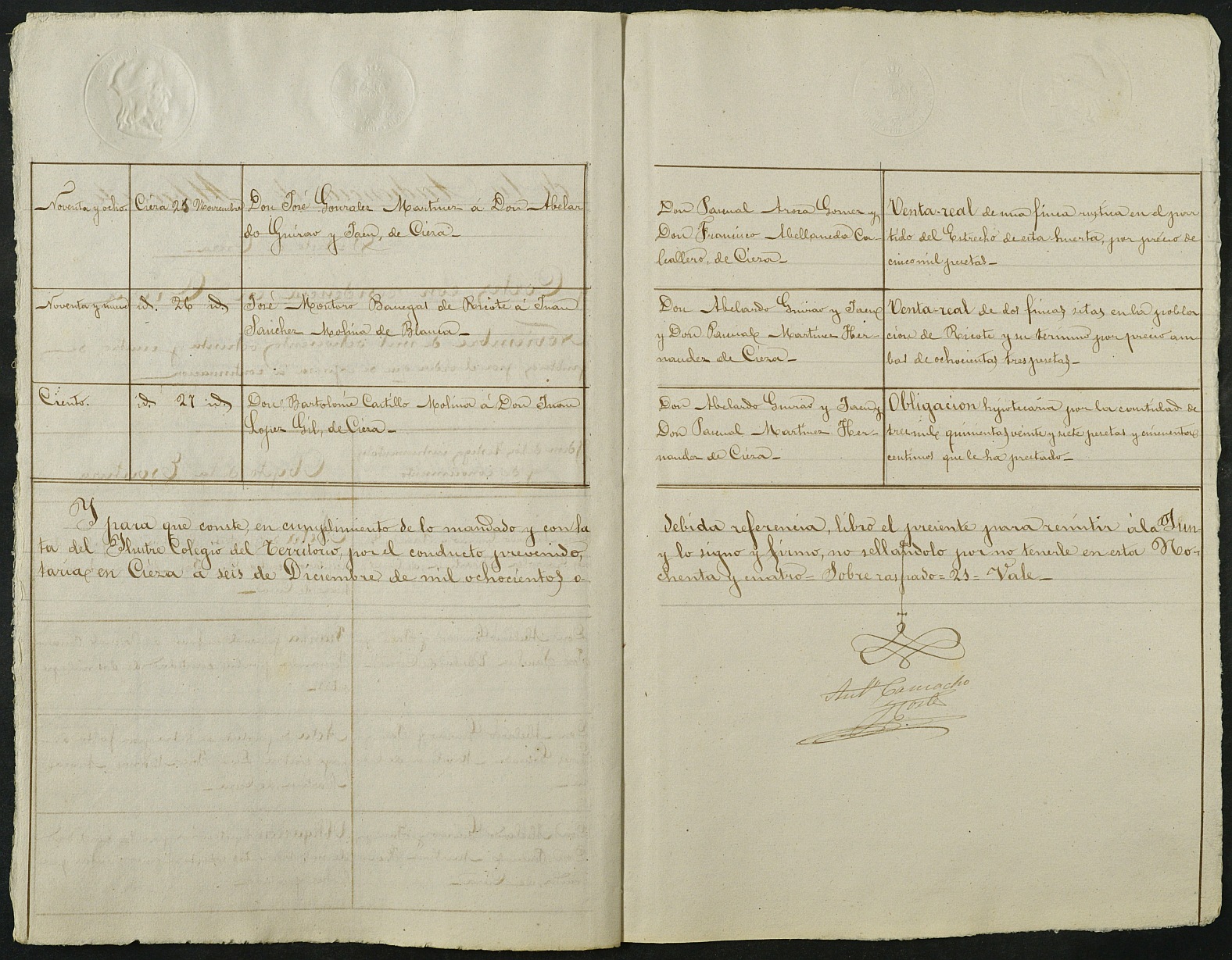 Índices del notario de Cieza Antonio Camacho Cortés del año 1884.