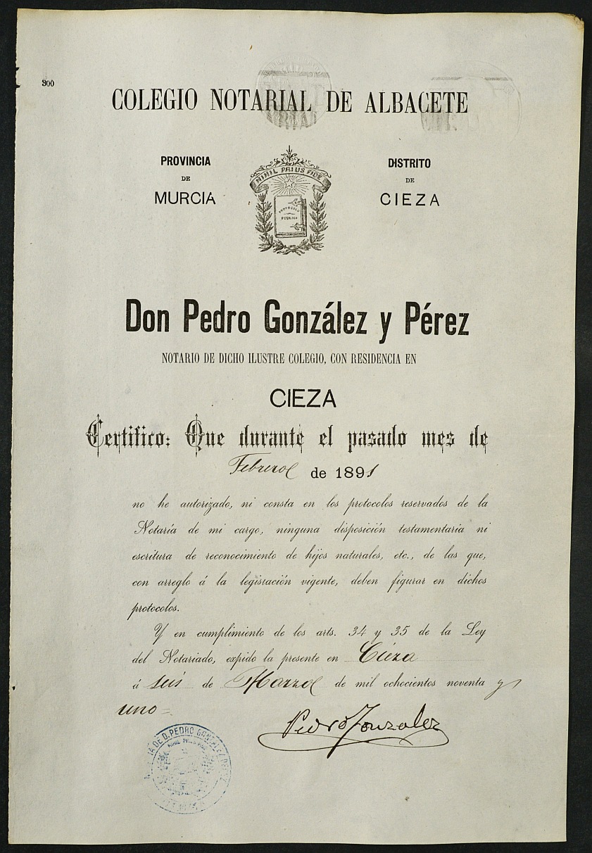 Índices del notario de Cieza Pedro González Pérez del año 1891.