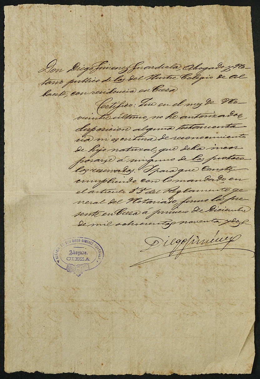Índices del notario de Cieza Diego Giménez Guardiola del año 1892.