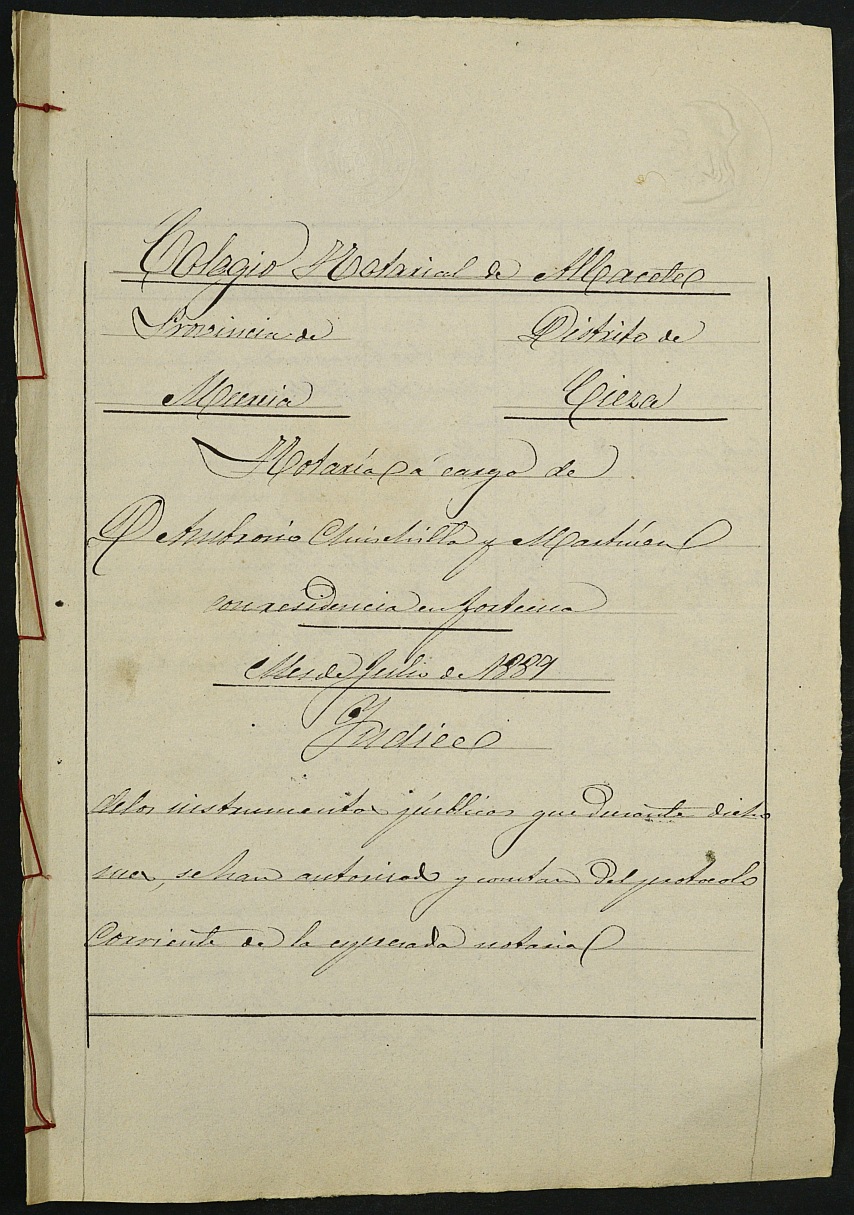 Índices del notario de Fotuna Ambrosio Chinchilla Martínez del año 1889.