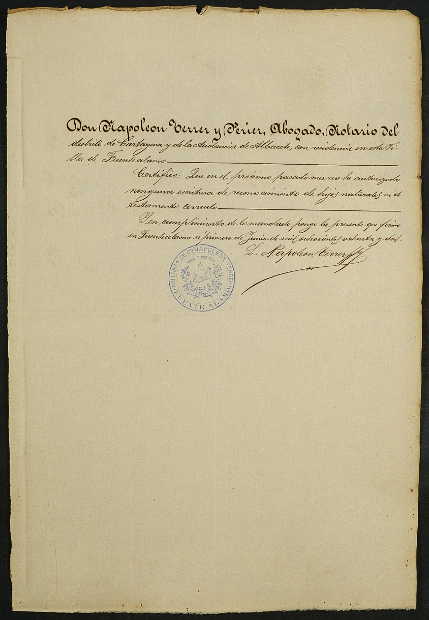 Índices del notario de Fuente Álamo de Murcia Napoleón Terrer Perier del año 1882.