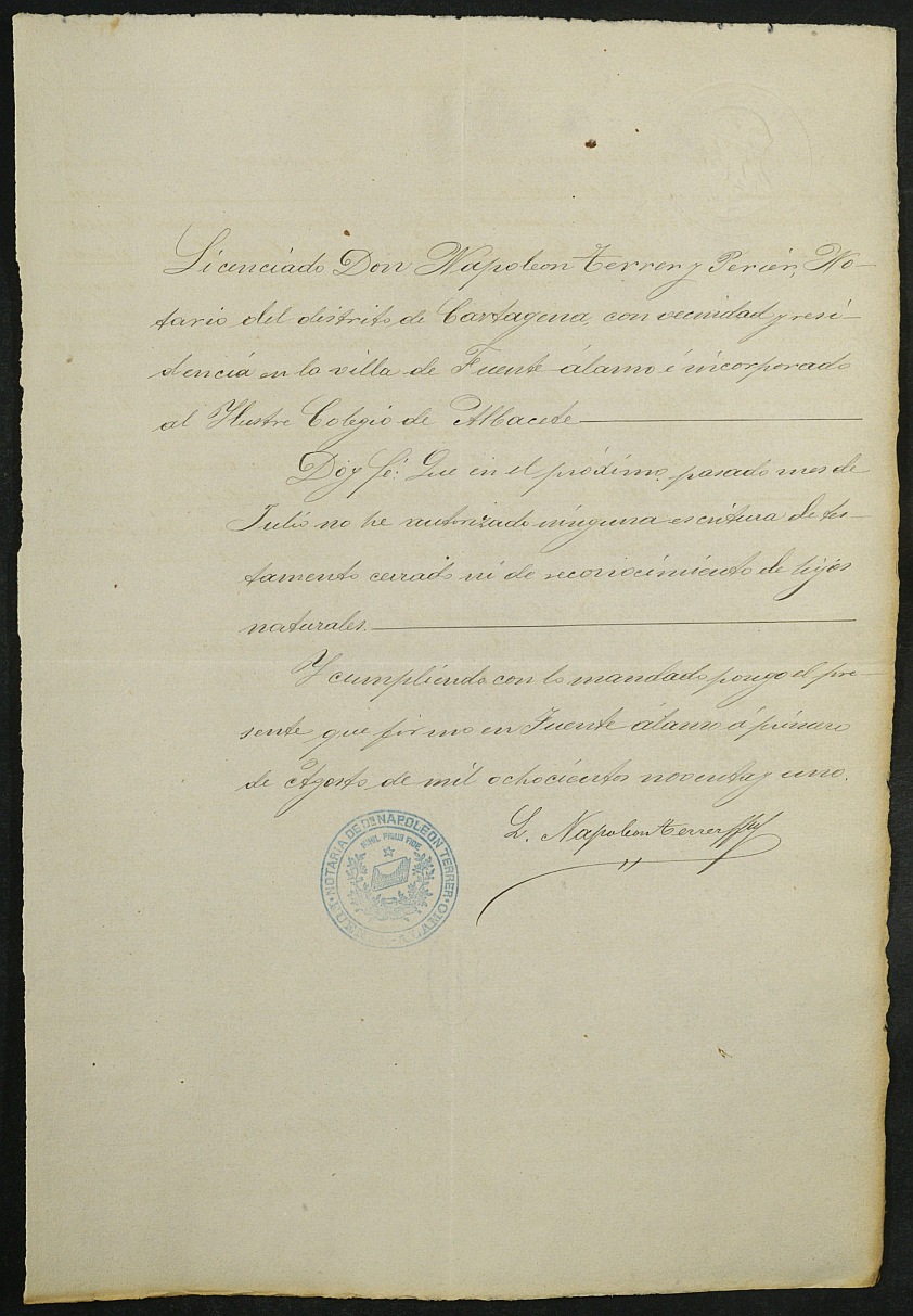 Índices del notario de Fuente Álamo de Murcia Napoleón Terrer Perier del año 1891.