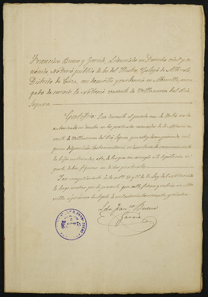 Índices del notario de Abanilla Francisco Bueno García del año 1894.