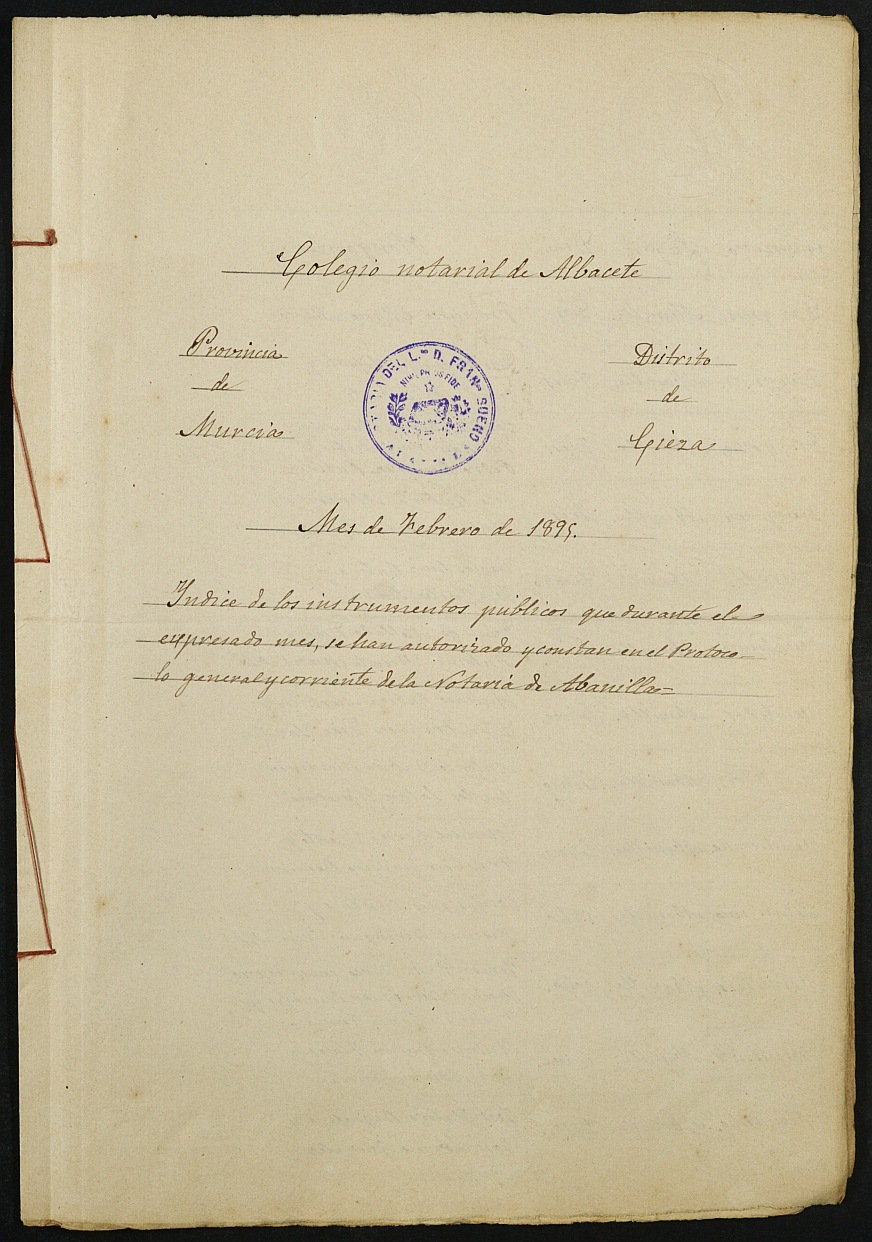 Índices del notario de Abanilla Francisco Bueno García del año 1895.