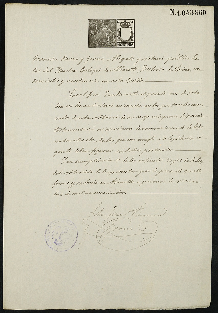 Índices del notario de Abanilla Francisco Bueno García del año 1900.